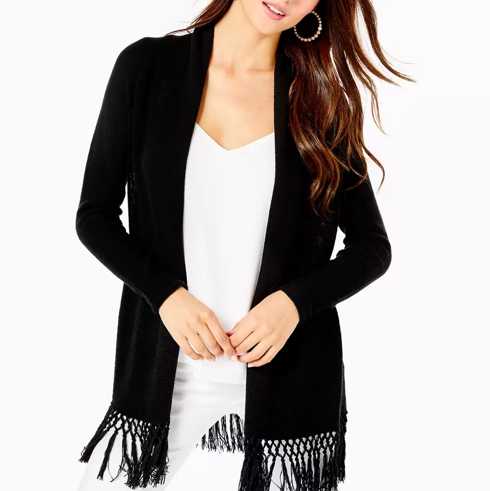 Lilly Pulitzer Tatum Long Fringe Hem Black Cardigan Medium